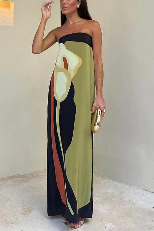 Amanta | Sukienka maxi bez ramiączek z eleganckim wzorem