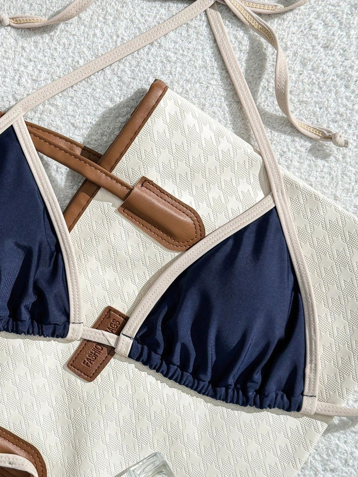 Miralisse | Granatowe bikini trójkątne z kontrastowym wykończeniem