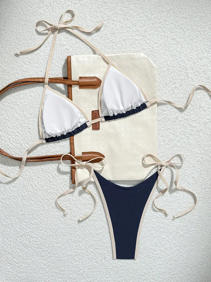 Miralisse | Granatowe bikini trójkątne z kontrastowym wykończeniem