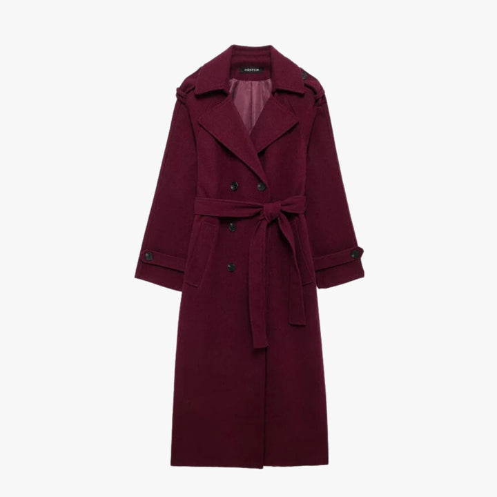 Quinty | Elegancki Trencz w Bordo z Paskiem