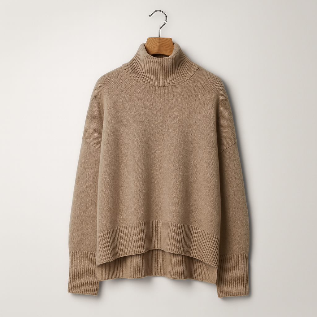 Sweter Damski z Golfem o Luźnym Kroju z Żebrowaną Wykończeniem