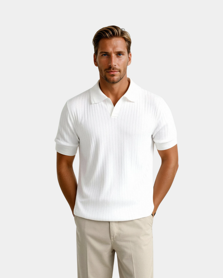Patryk | Polo męskie z ribbingu – Slim Fit z otwartym kołnierzem