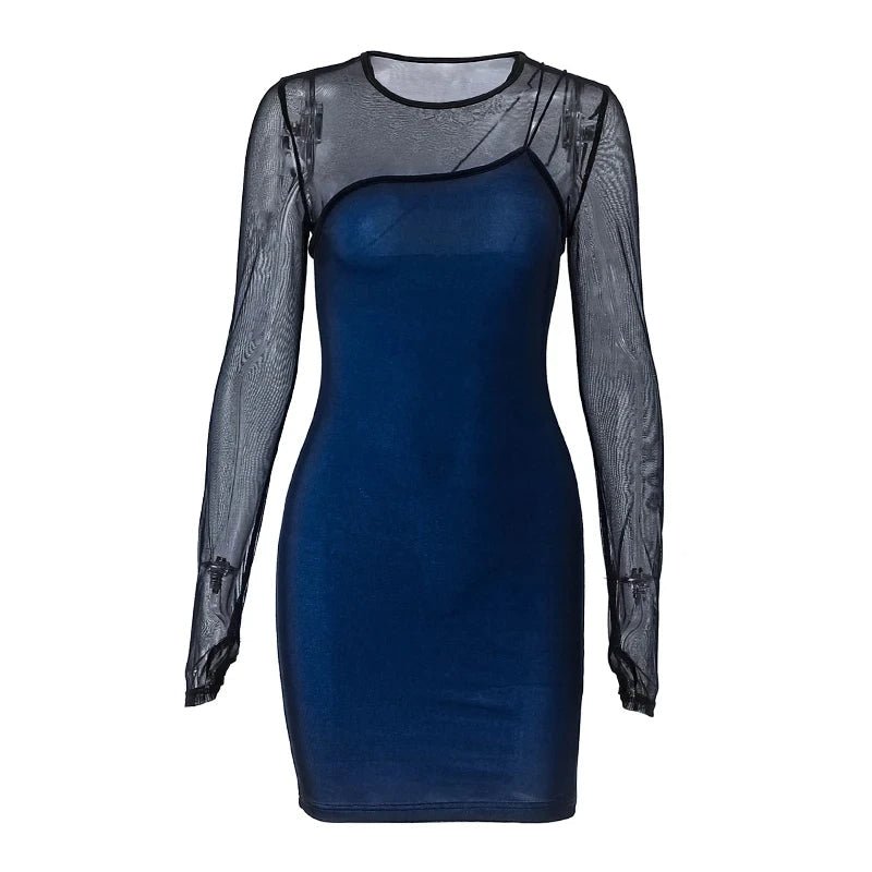 Alicja | Niebieska Sukienka Bodycon z Siatkowanymi Rękawami