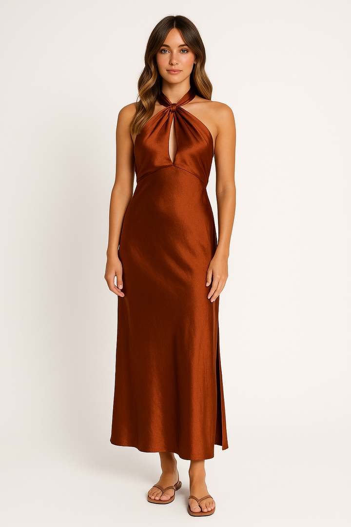 Adrianna | Satynowa sukienka maxi z halter i rozcięciem