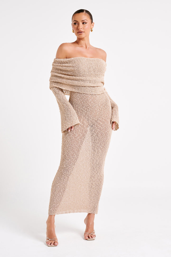 Klaudia | Sukienka maxi bouclé z dekoltem off-shoulder