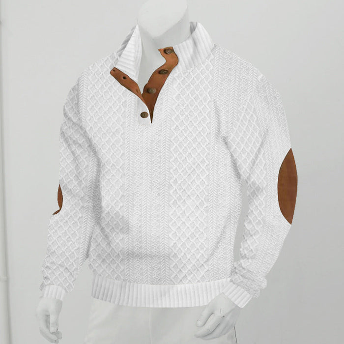 Męski Sweter Henley ze Splotem w Warkocze i Skórzanymi Detalami
