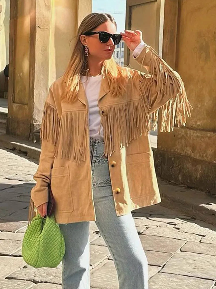 Rozalia | Kurtka z frędzlami z imitacji zamszu w stylu boho