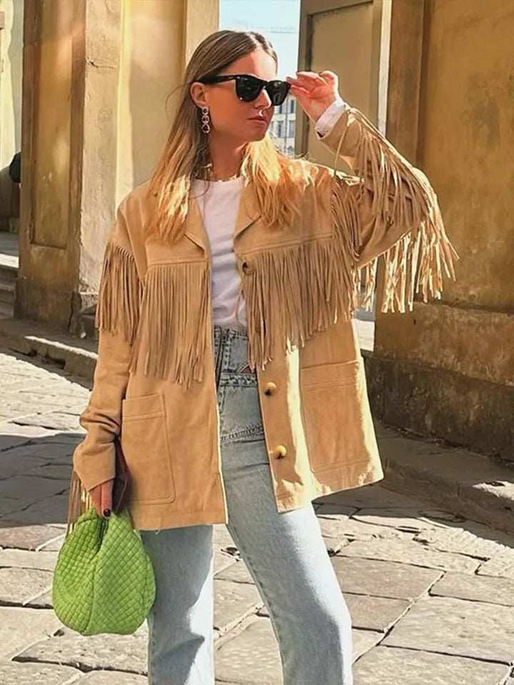 Rozalia | Kurtka z frędzlami z imitacji zamszu w stylu boho