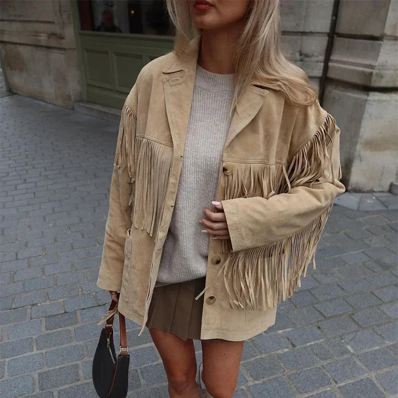 Rozalia | Kurtka z frędzlami z imitacji zamszu w stylu boho