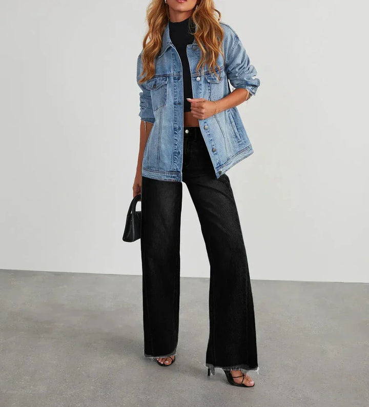 Mona | Stylowe szare jeansy damskie wide leg z nieobszytym dołem
