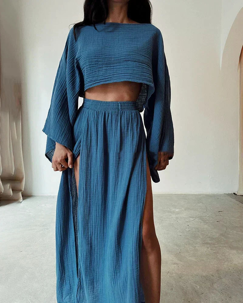 Selvara | Letni komplet damski z crop topem i maxi spódnicą