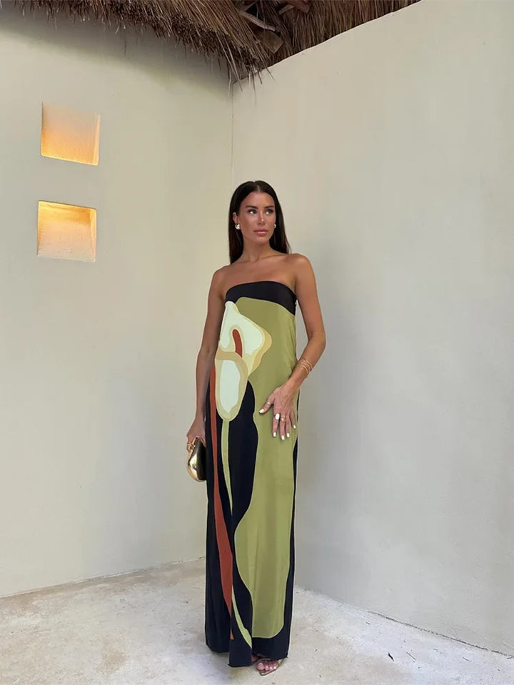 Amanta | Sukienka maxi bez ramiączek z eleganckim wzorem