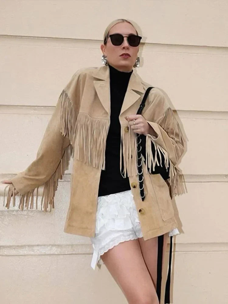 Rozalia | Kurtka z frędzlami z imitacji zamszu w stylu boho