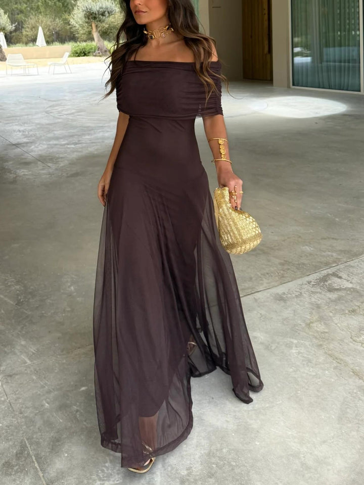 Evelina | Sukienka Maxi Off-Shoulder z Marszczoną Górą