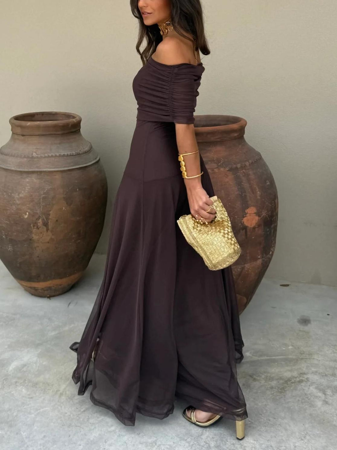 Evelina | Sukienka Maxi Off-Shoulder z Marszczoną Górą
