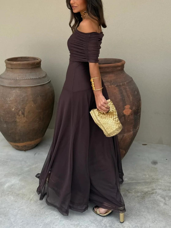 Evelina | Sukienka Maxi Off-Shoulder z Marszczoną Górą