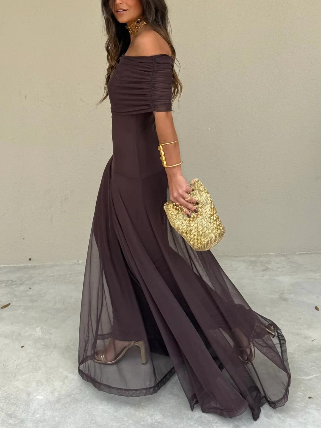 Evelina | Sukienka Maxi Off-Shoulder z Marszczoną Górą