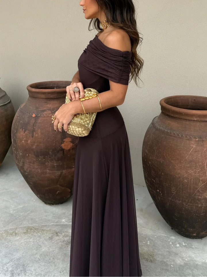 Evelina | Sukienka Maxi Off-Shoulder z Marszczoną Górą