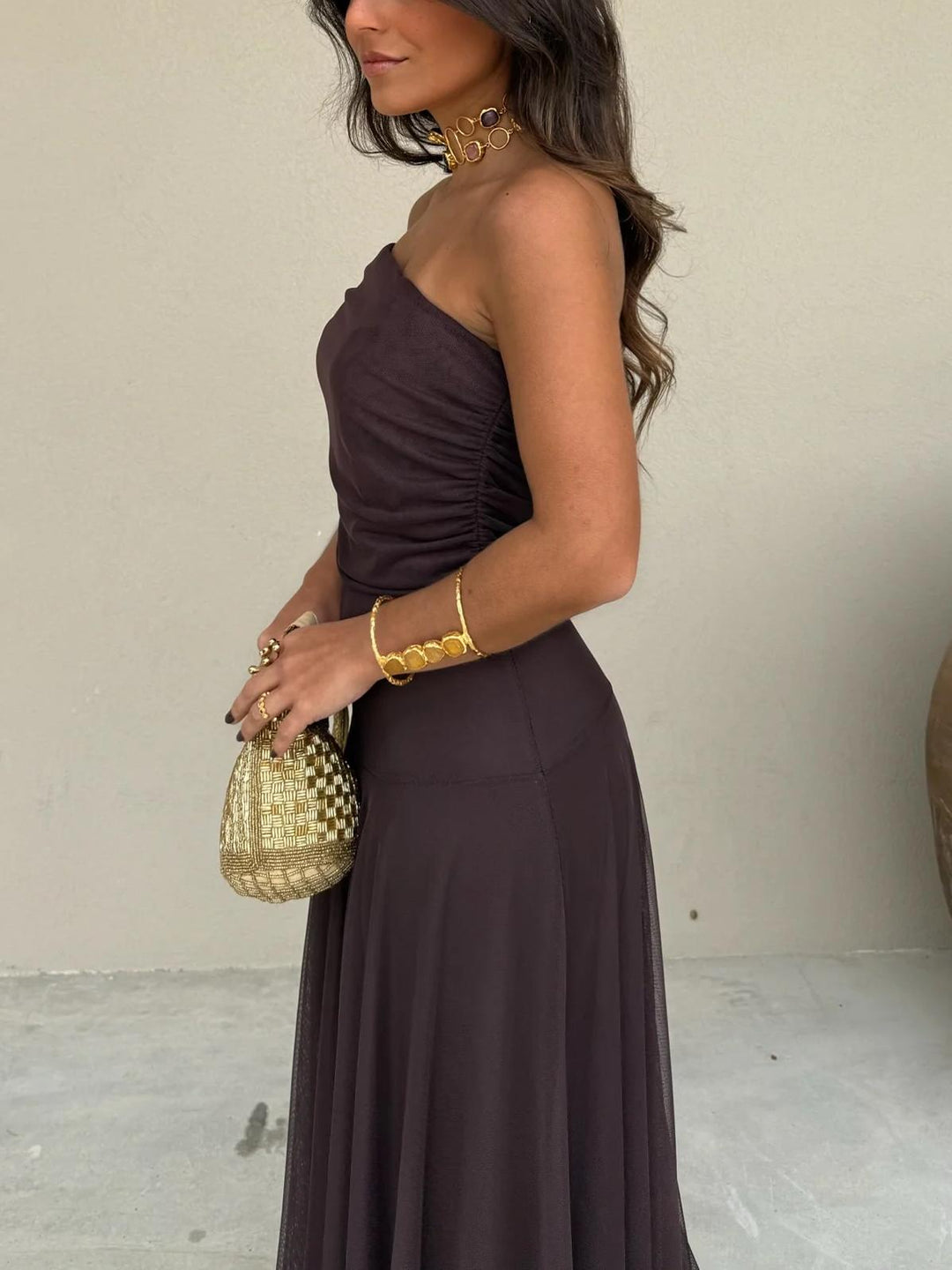 Evelina | Sukienka Maxi Off-Shoulder z Marszczoną Górą