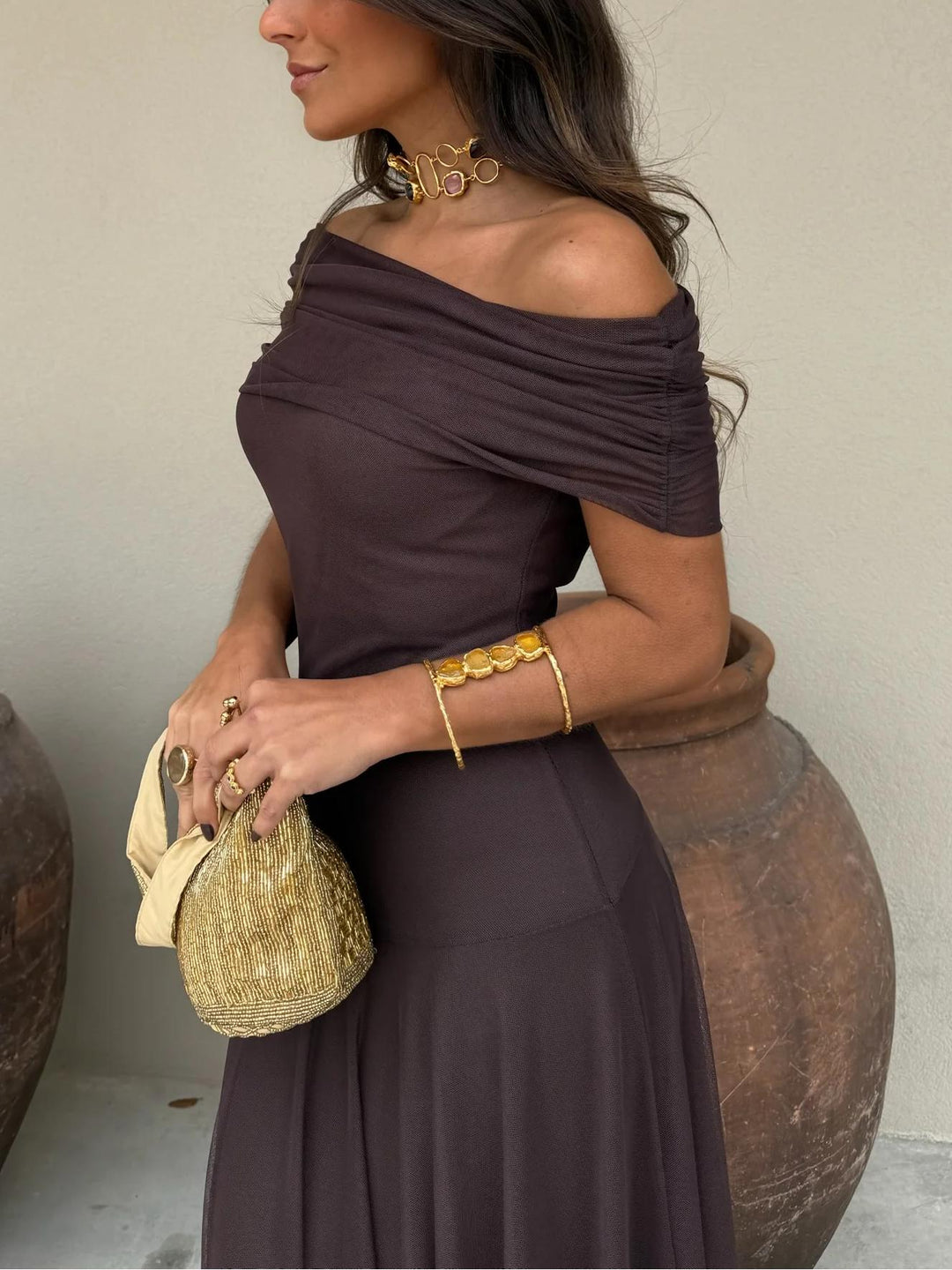 Evelina | Sukienka Maxi Off-Shoulder z Marszczoną Górą