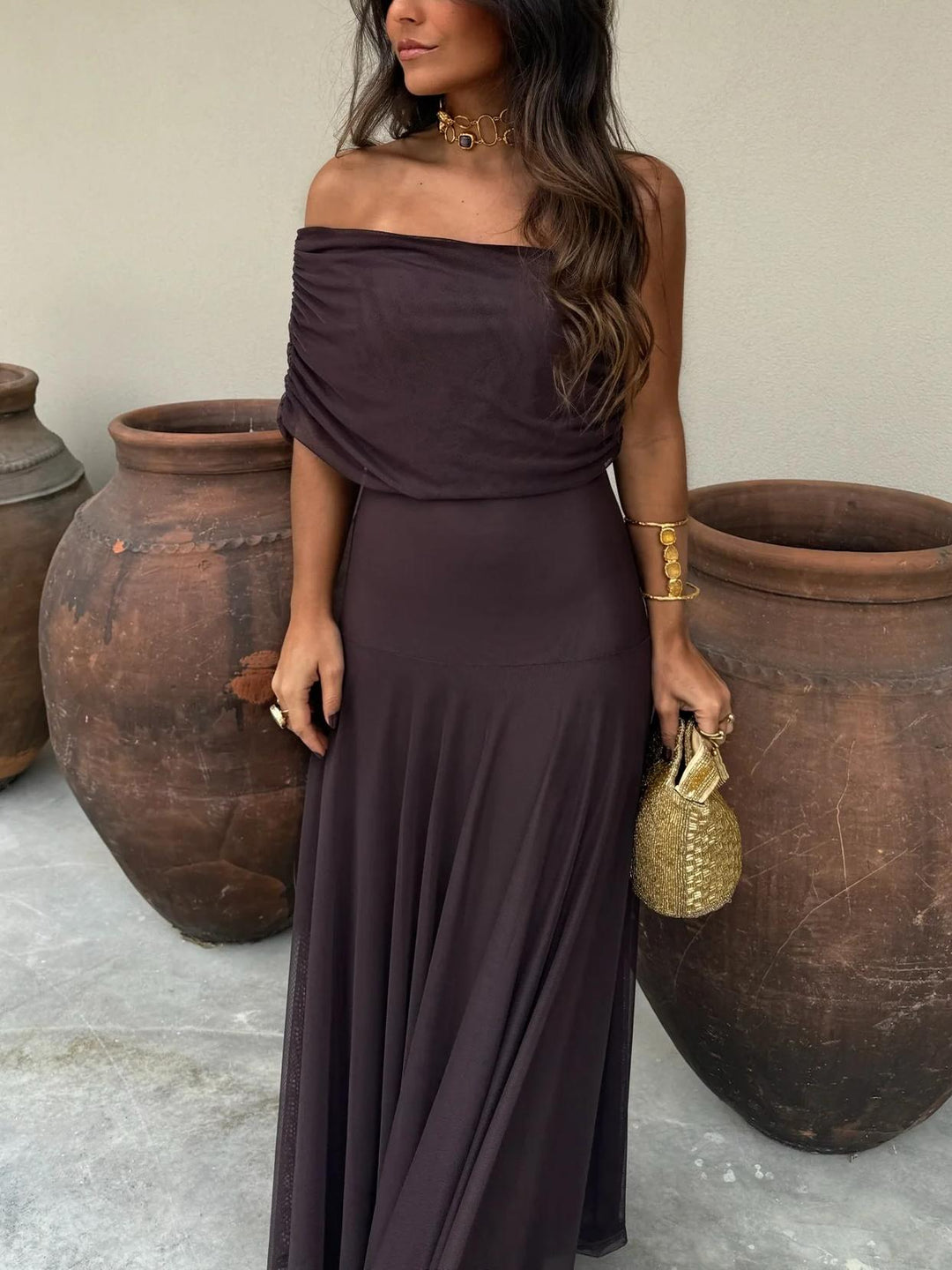 Evelina | Sukienka Maxi Off-Shoulder z Marszczoną Górą